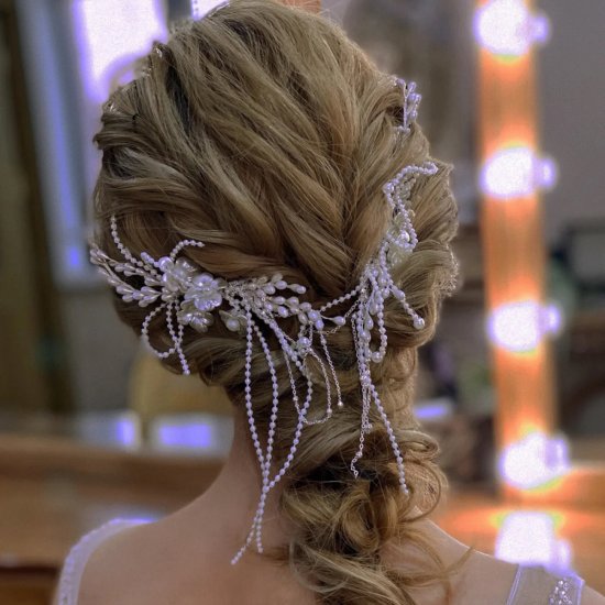 Two Pieces String of Beads Design Wedding Bridal Hair Clips - Click Image to Close